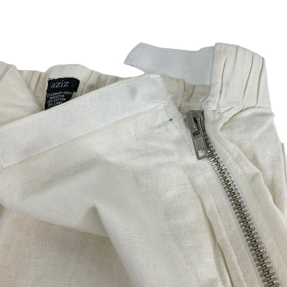 Aziz Pants Women's 33" Ivory Drawstring Front Side Zipper Heavy Linen Blend Nwot - Picture 8 of 13